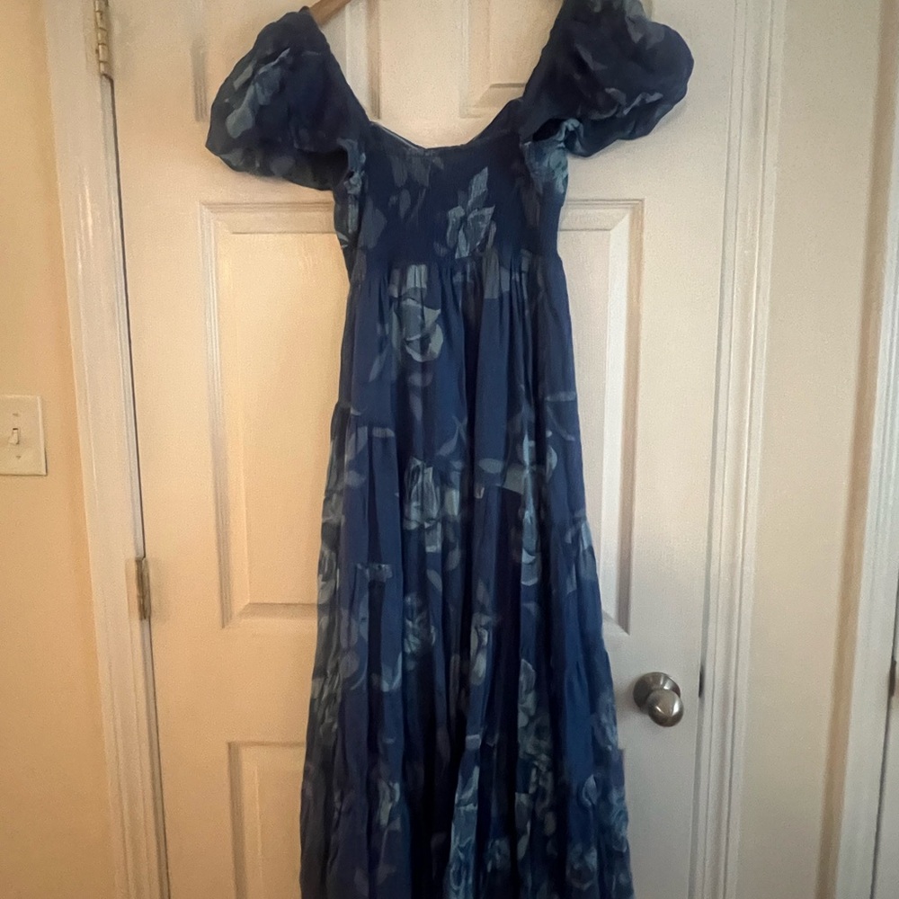 Free People Blue Off the Shoulder Maxi Dress with Puff Sleeves